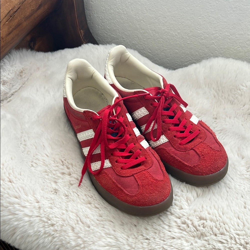Adidas Red Suede Trainers with White Stripes